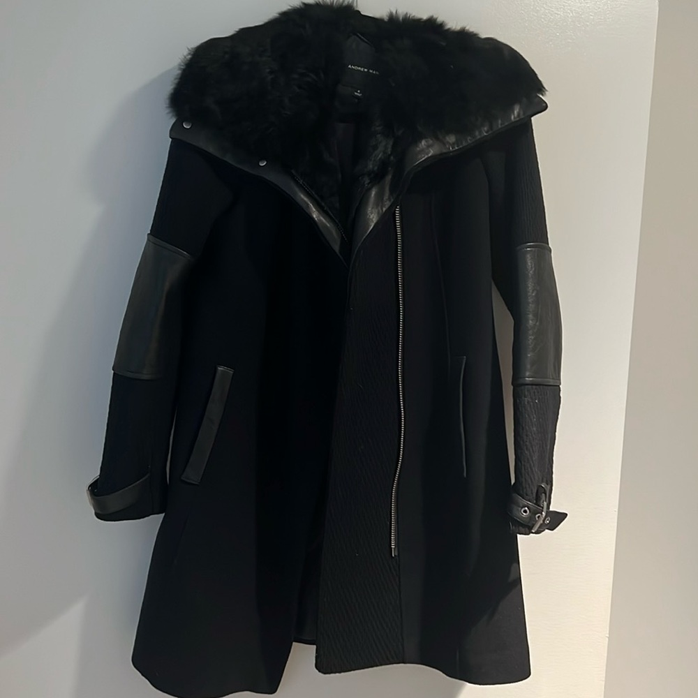 Andrew Marc long coat with faux fur shoulder detail and leather sleeves